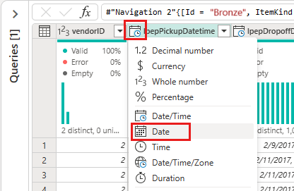 Schermopname van de selectie van het gegevenstype Datum voor de kolom IpepPickupDatetime.