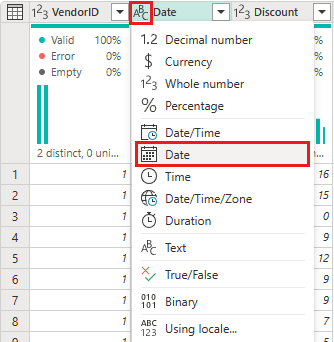 schermopname met de selectie van het gegevenstype Datum voor de kolom Datum.