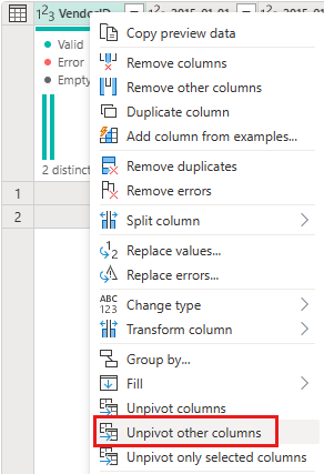 Schermopname van het contextmenu voor de kolom VendorID met de selectie Andere kolommen opheffen gemarkeerd.