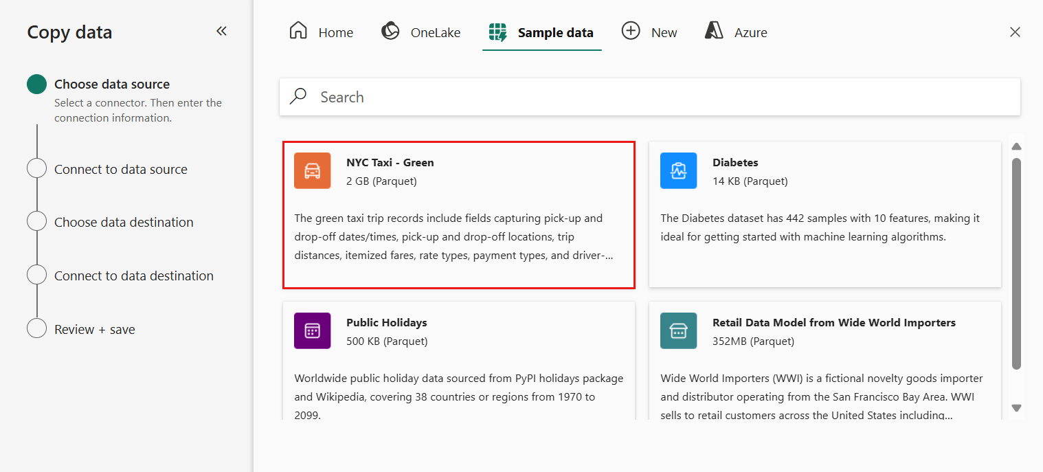 Schermopname van de NYC Taxi - Groene voorbeeldgegevensselectie in de gegevens kopiëren-assistent.