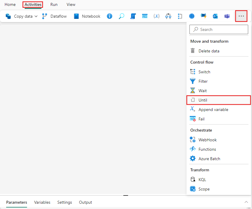 Schermopname van de Fabric UI met het activiteitenvenster en de gemarkeerde 'Until'-activiteit.