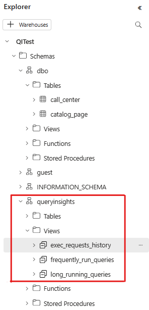 Schermopname van Fabric Explorer waarin wordt getoond waar u query-inzichten kunt vinden onder Schema's, queryinsights, Weergaven.
