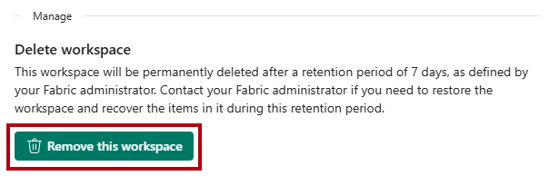 Schermopname van het deelvenster Werkruimte-instellingen, met de knop Deze werkruimte verwijderen gemarkeerd.