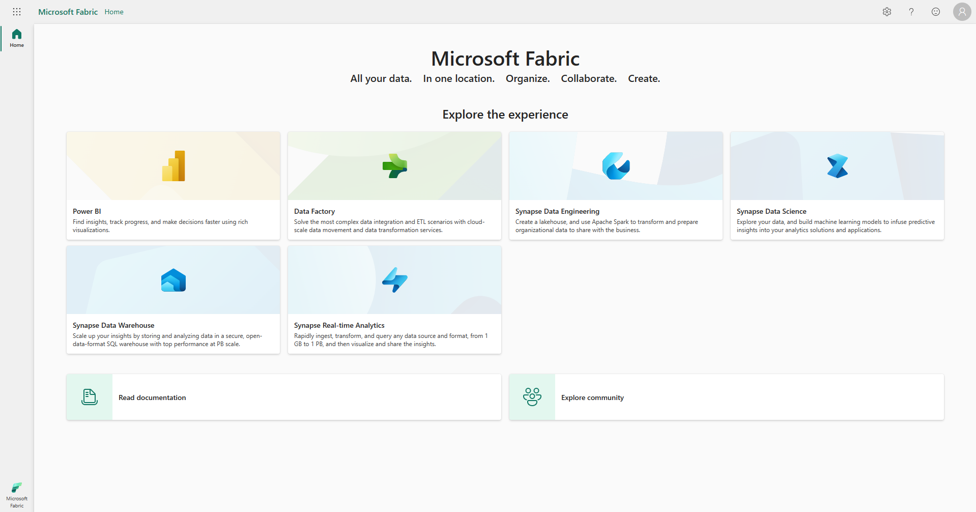 Schermopname van de startpagina van Microsoft Fabric met de accountmanager die rood wordt beschreven.