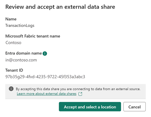 Schermopname van het dialoogvenster Voor het controleren en accepteren van externe gegevensshares.