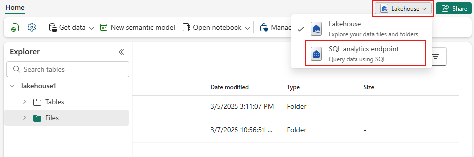 Schermopname van het navigeren naar het SQL Analytics-eindpunt.