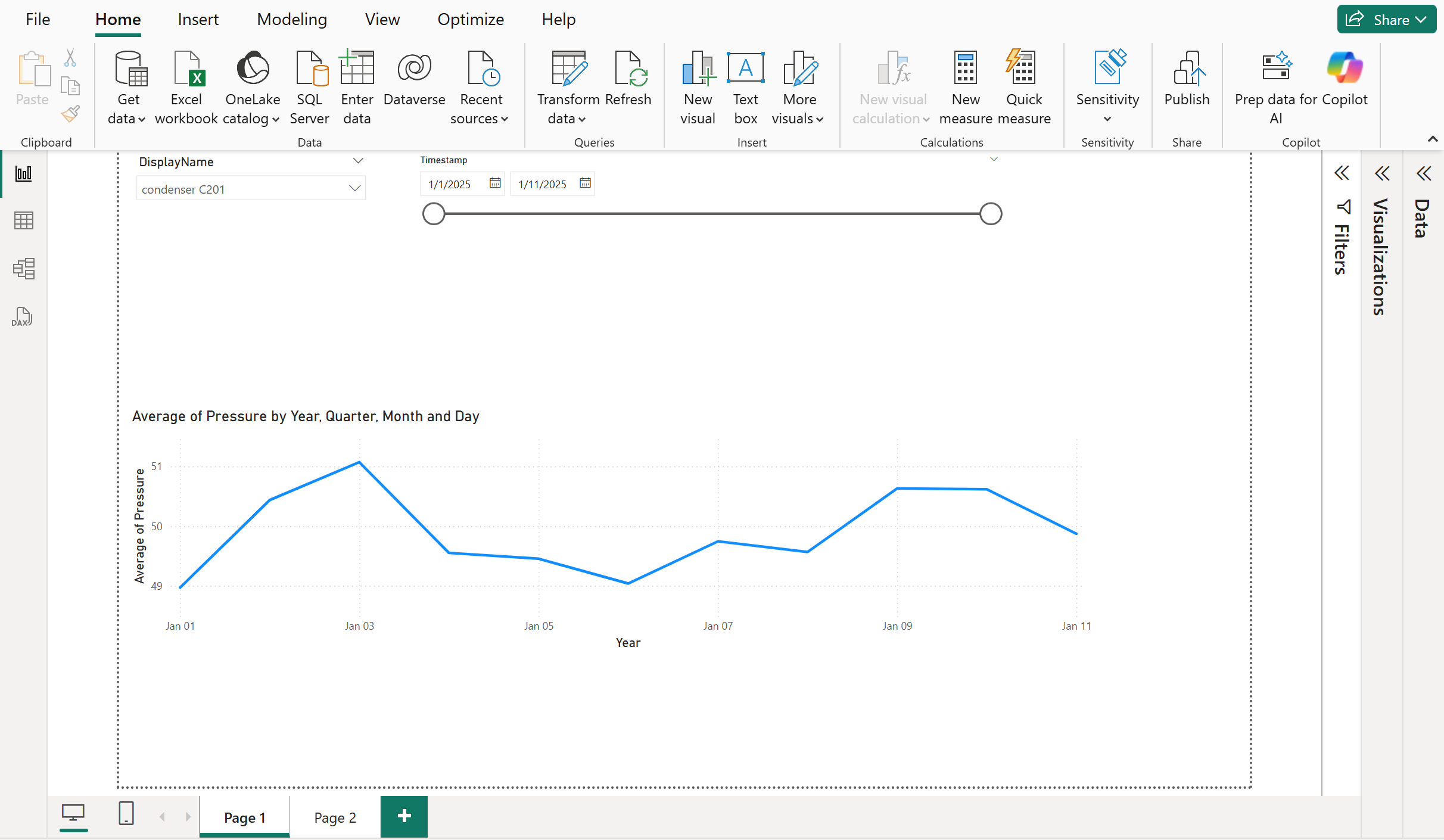 Power BI rapportpagina 1, met details van condensatorassets in de loop van de tijd.