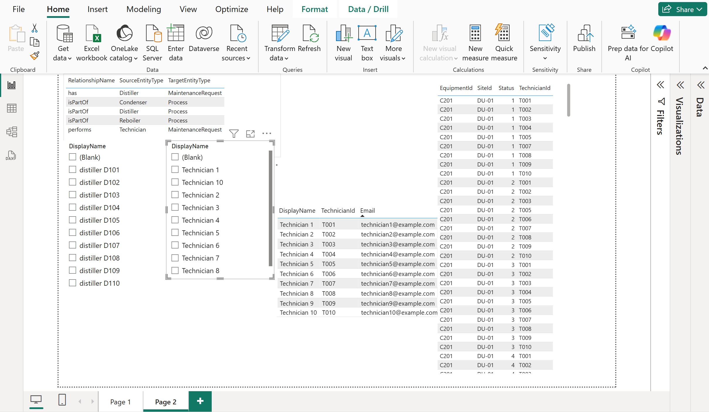 Power BI rapportpagina 2, met relatieexemplaren voor onderhoudsorders.
