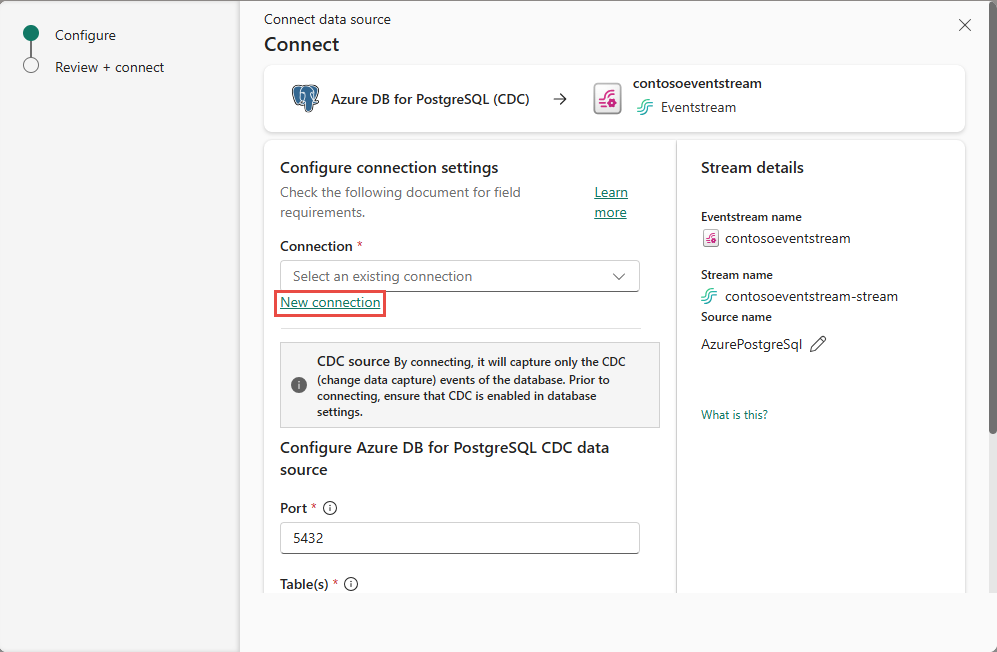 Schermopname van de pagina Verbinding maken voor een PostgreSQL-database met de koppeling Nieuwe verbinding gemarkeerd.