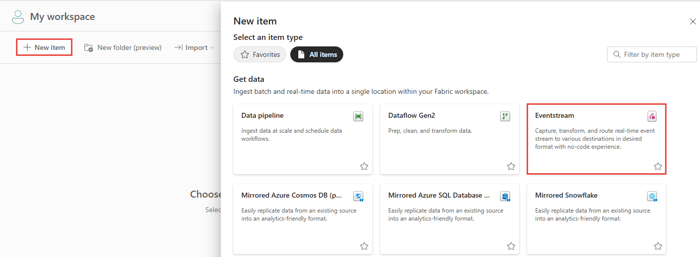 Schermopname van waar u de optie EventStream kunt vinden in het menu Nieuw op de pagina Werkruimte.