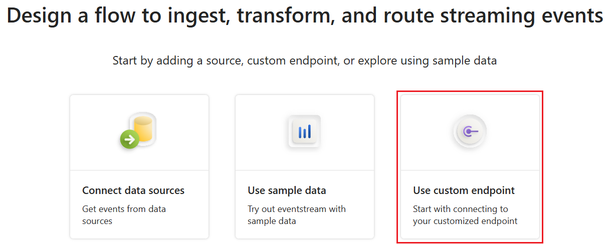 Schermopname van het scherm Een flow ontwerpen voor het ingeven, transformeren en routeren van streamingevents in Fabric, met de optie om een aangepast eindpunt te gebruiken.