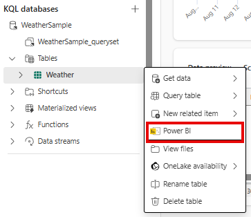 Schermopname van het maken van een Power BI-rapport uit een tabel. Het tabelmenu is geopend met Een Power BI-rapport maken geselecteerd.