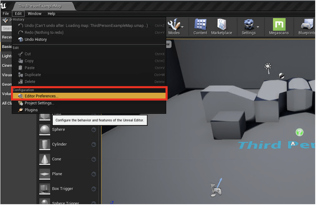 Screenshot showing the editor preferences menu in the Unreal Editor