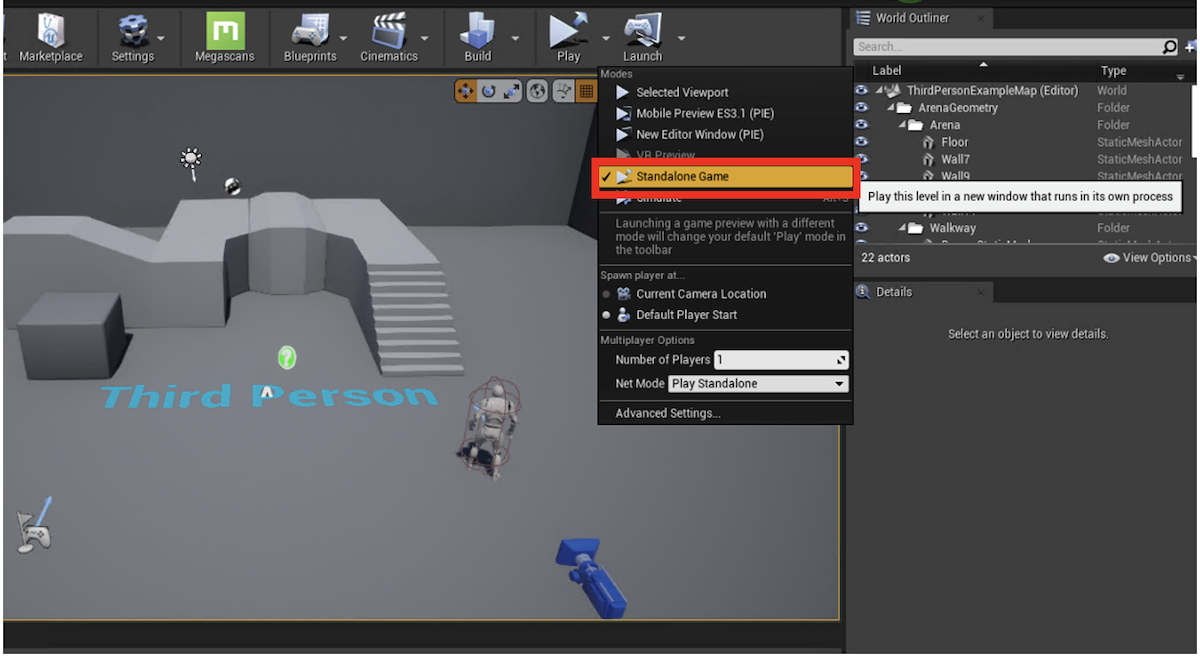Screenshot showing the standalone game setting in the Unreal Editor