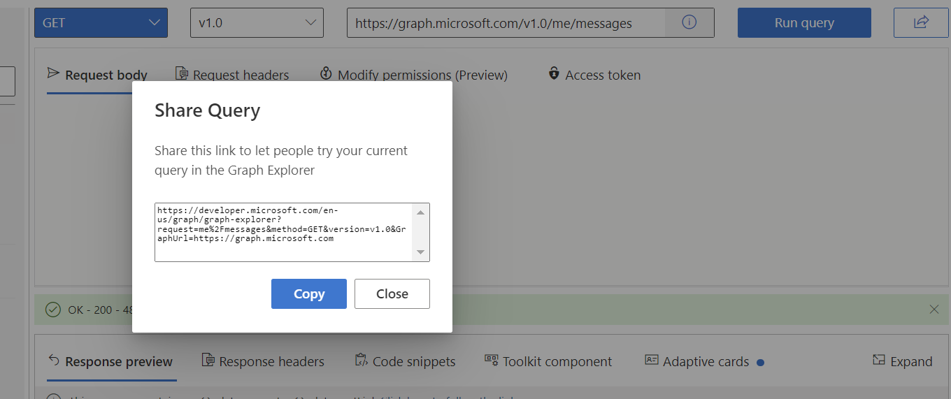 Screenshot of Graph Explorer with the Share and Copy options highlighted