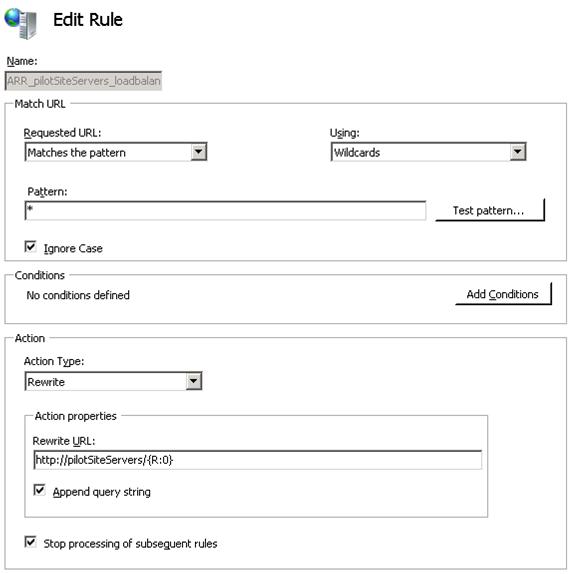 Screenshot of the Edit Rule pane for A R R pilot Site Servers load balance with default settings selected.