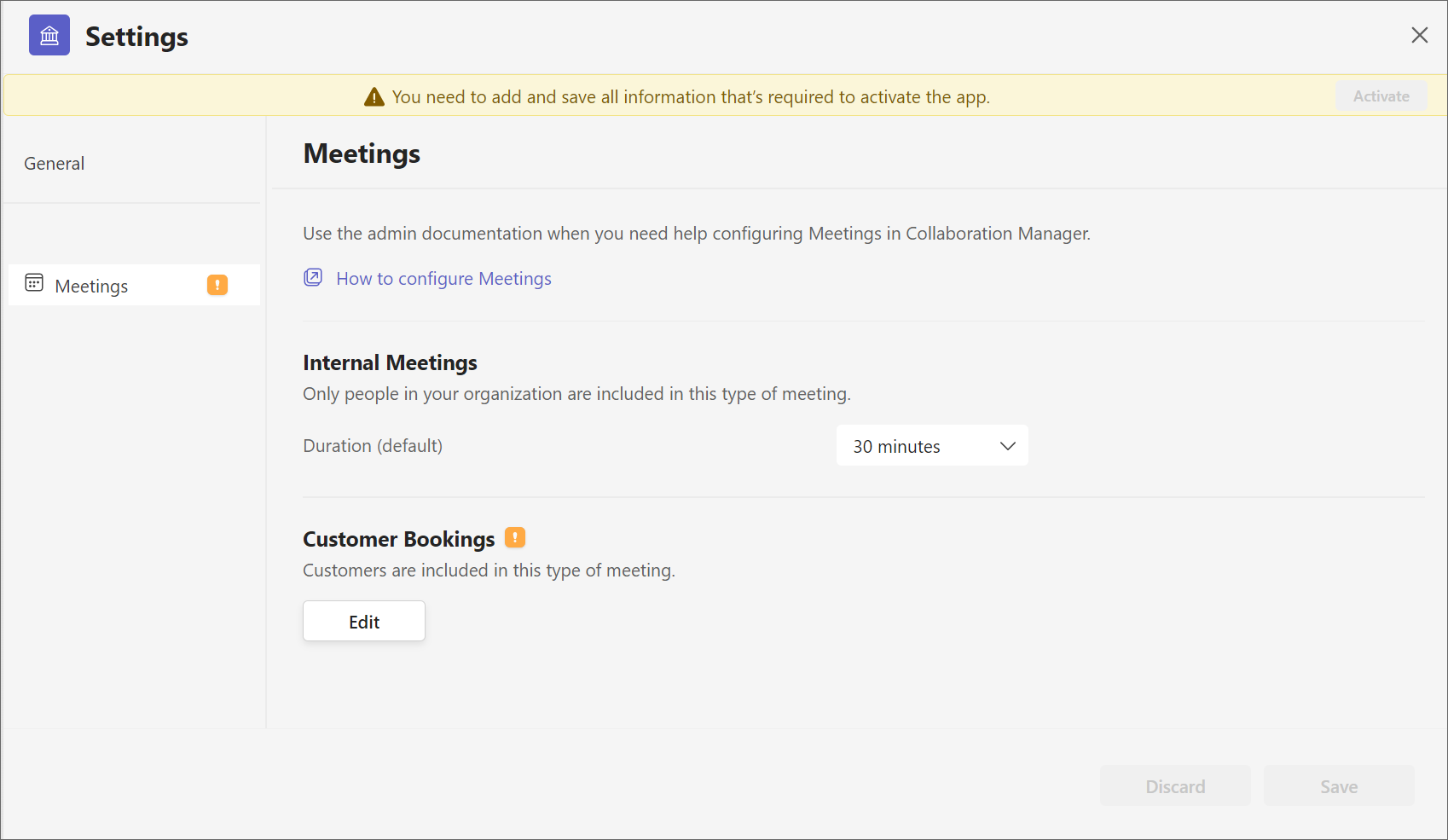 Image of the meetings settings page showing durations from 15 minutes to two hours.