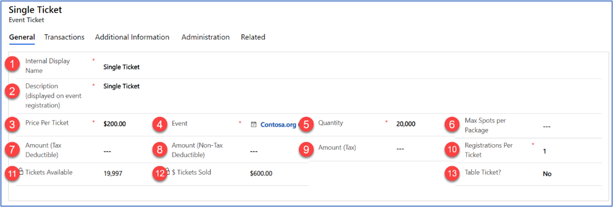 Complete the General tab of a new event ticket record Complete the General tab of a new event ticket record.