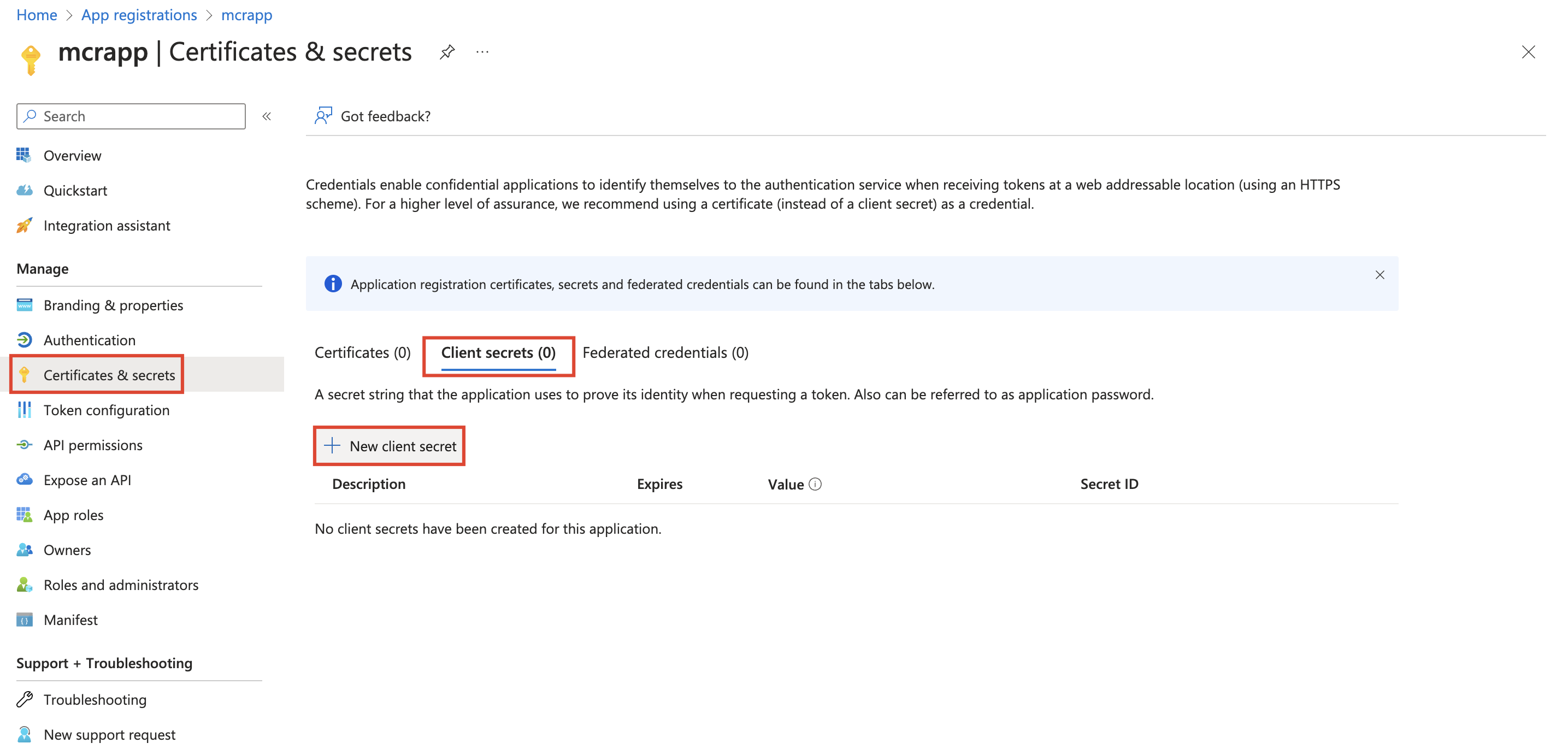 De schermopname toont een succesvolle app-registratie en hoe u een certificaat of een clientgeheim toevoegt.