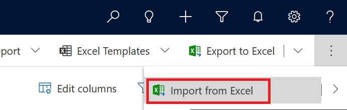 Schermopname van de knop met het beletselteken (...) die is geselecteerd om de optie Importeren vanuit Excel weer te geven.