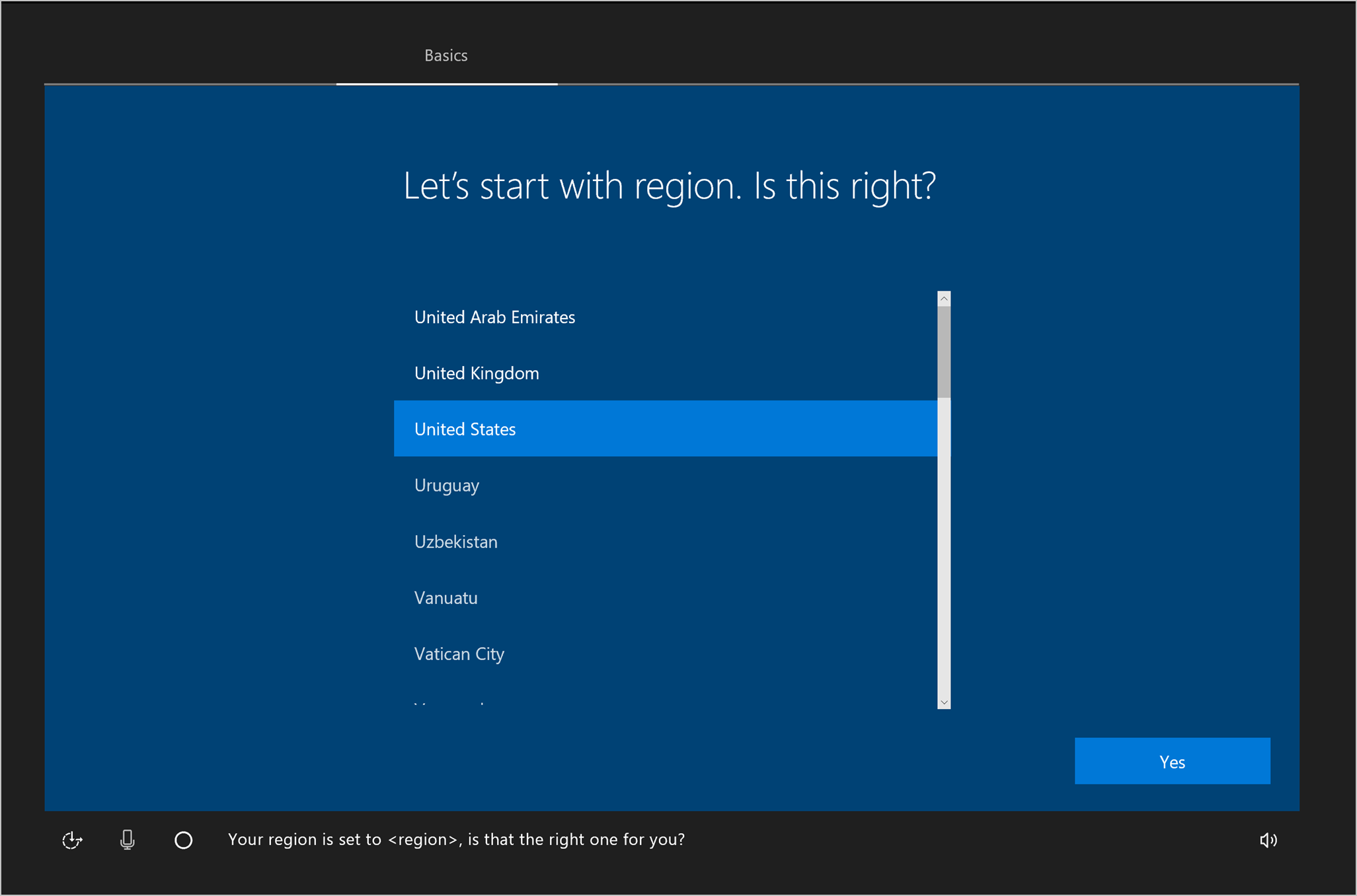 Voor beeld van een scherm opname van het Start scherm van de Windows 10 OOBE. Verenigde Staten is gemarkeerd als de geselecteerde regio