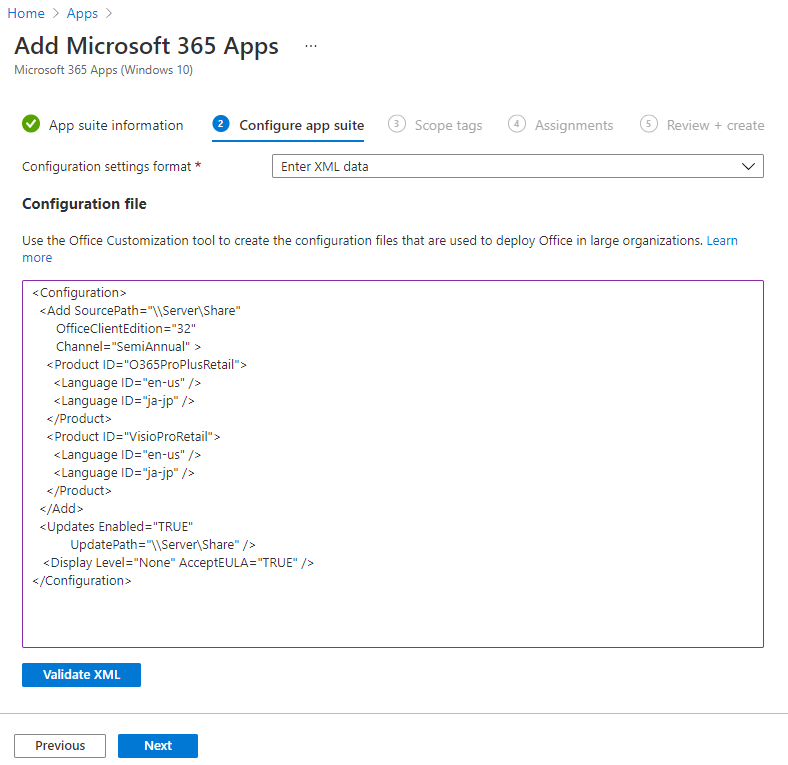 Schermafbeelding: Microsoft 365 - Configuratieontwerper - XML-voorbeeld toevoegen.