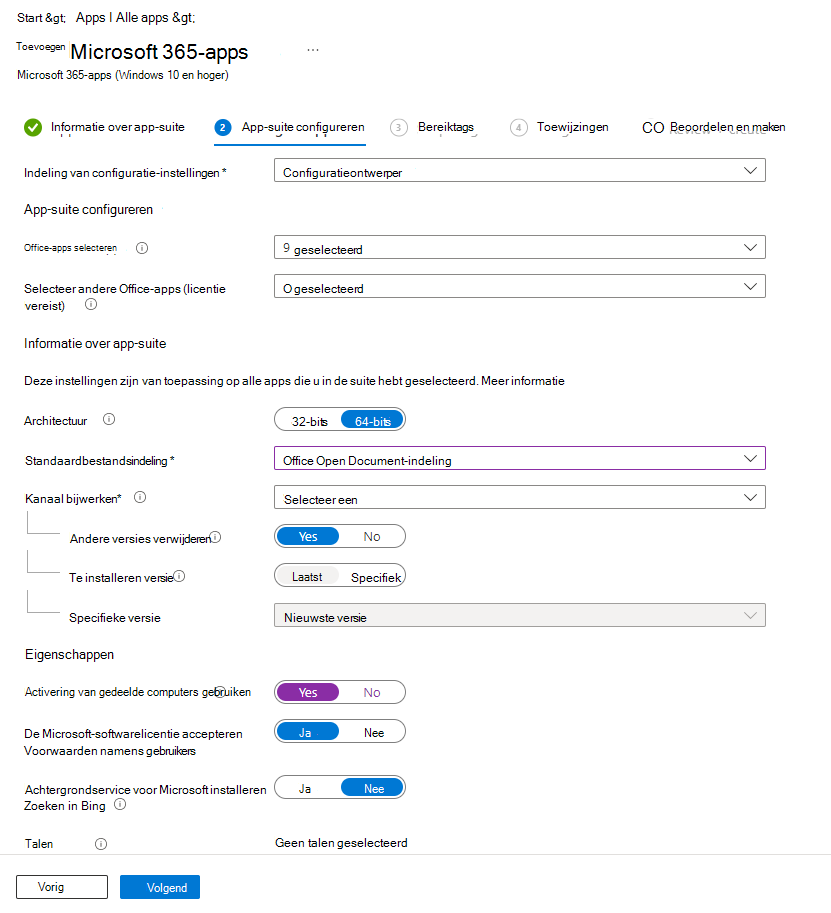 Schermafbeelding: Microsoft 365-apps toevoegen - Configuratieontwerper.