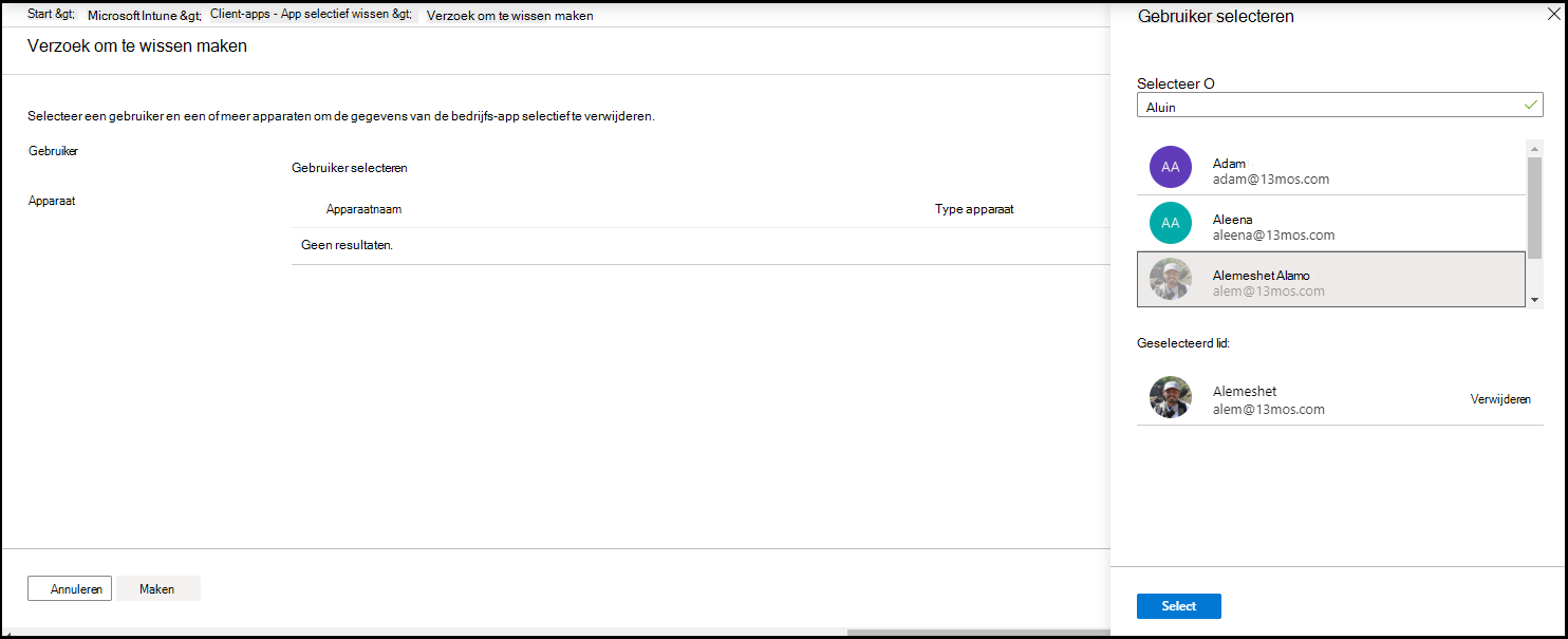 Schermopname van het deelvenster Gebruiker selecteren