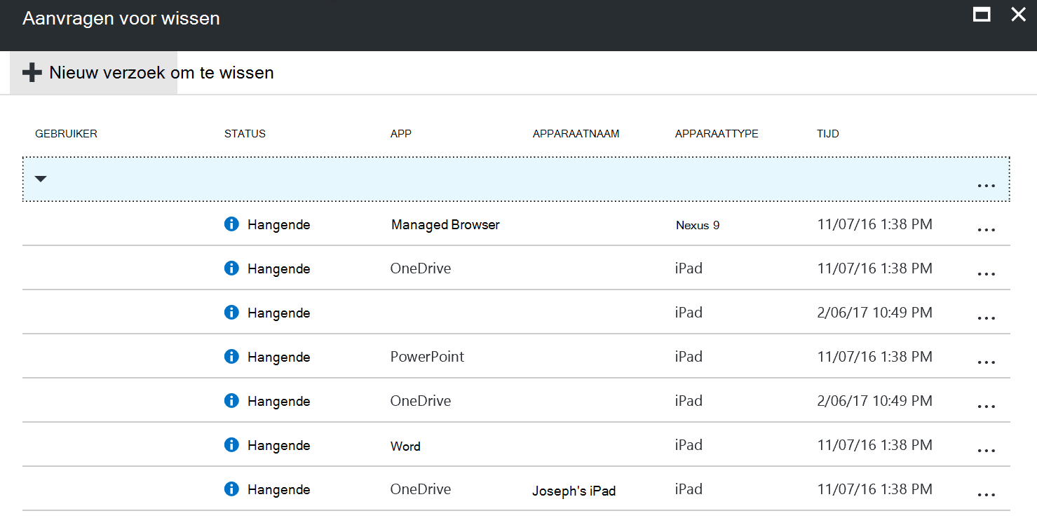 Schermopname van de status van de wisaanvraag in het deelvenster App selectief wissen.