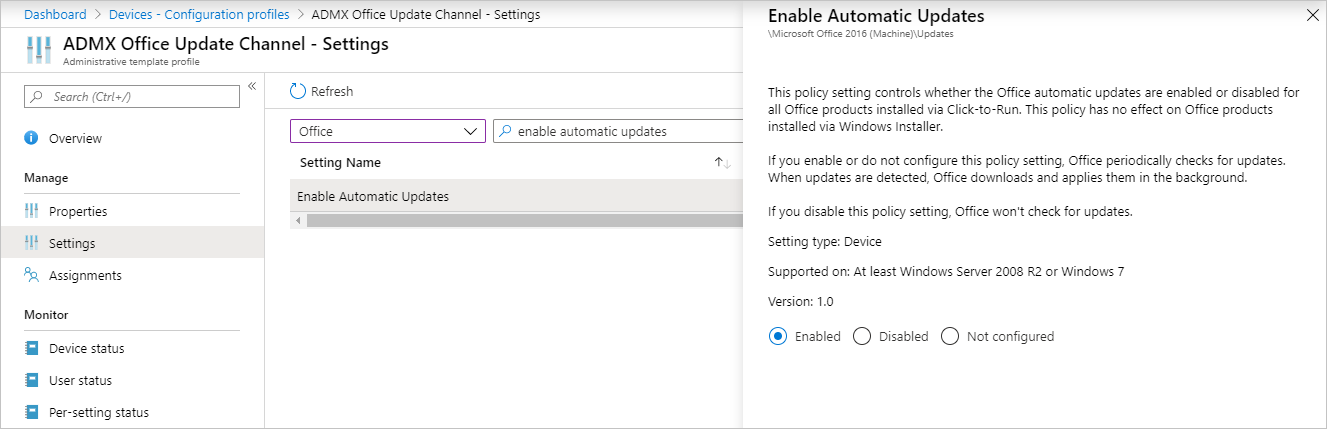 Schermopname van het inschakelen van automatische updates voor Office met behulp van een beheersjabloon in Microsoft Intune.
