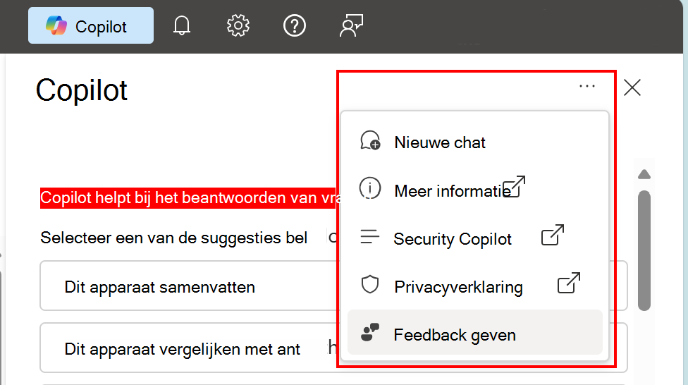 Schermopname die laat zien hoe de optie feedback Azure in Microsoft Intune en Intune beheercentrum.