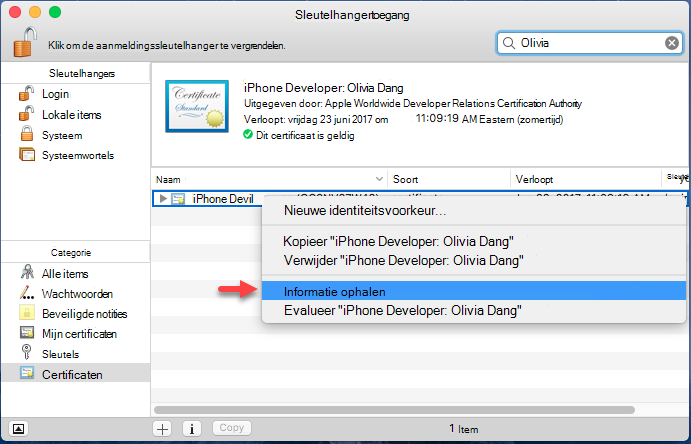 Uw certificaat toevoegen aan een sleutelhanger