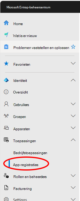 Schermopname van Entra menulocatie voor app-registraties in het beheercentrum.