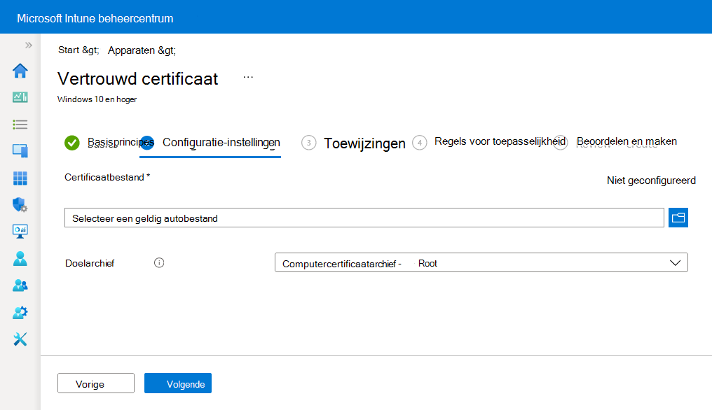 Configuratieprofielformulier met opties voor het uploaden van certificaten en het doelarchief