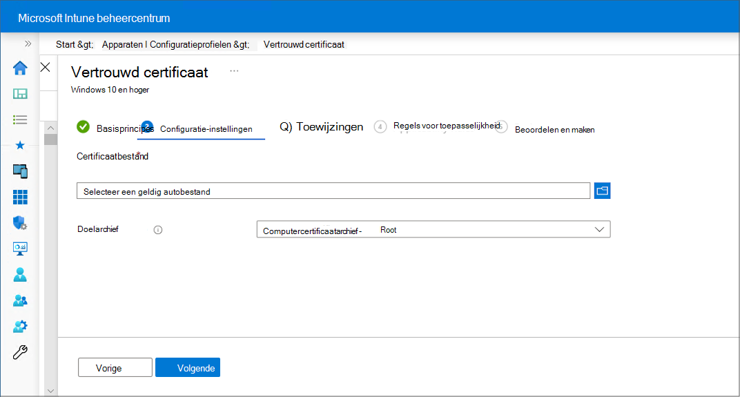 Configuratieprofielformulier met opties voor het uploaden van certificaten en het doelarchief