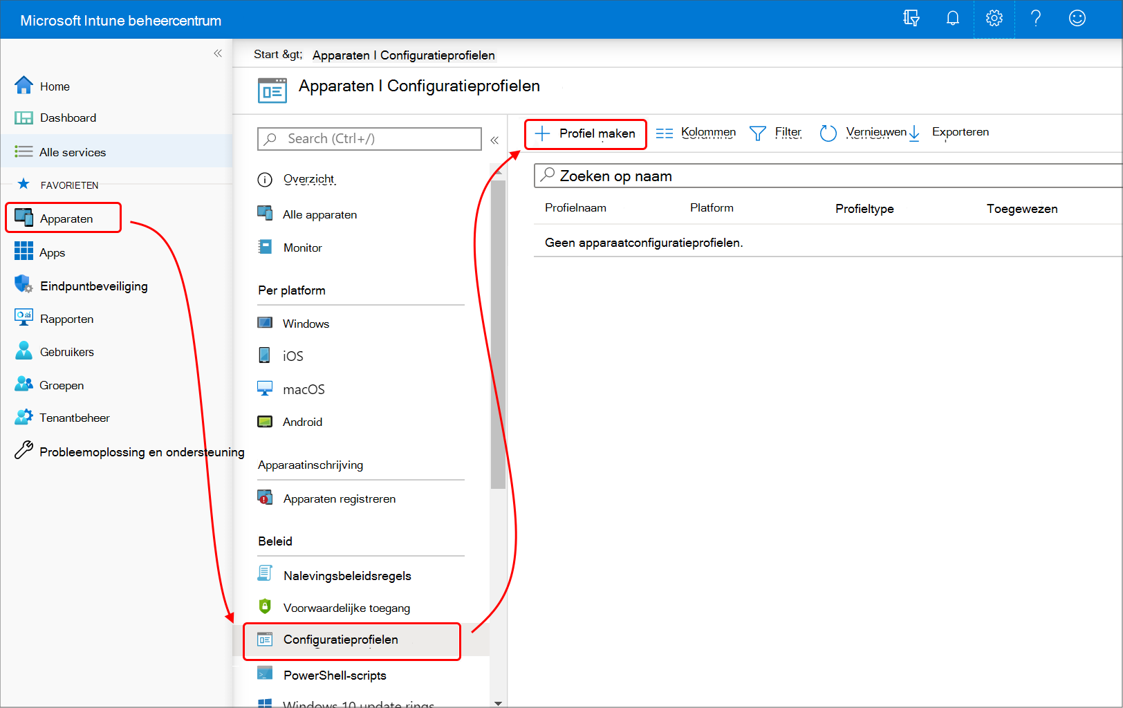 Intune beheercentrum met het menu Apparaten uitgevouwen met de optie Configuratie en de knop Maken zichtbaar