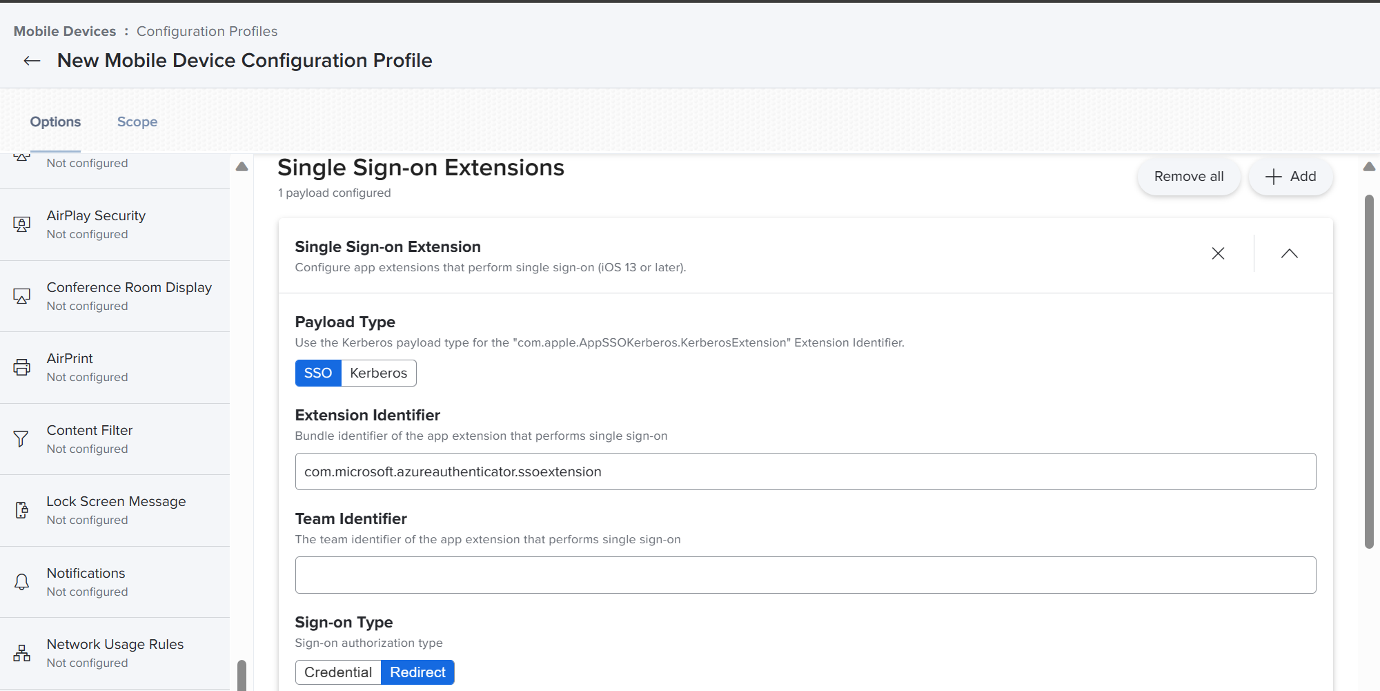 Schermopname van de Jamf Pro-portal en de instellingen voor payload type, extensie-id, team-id en SSO-type voor iOS-/iPadOS-apparaten.