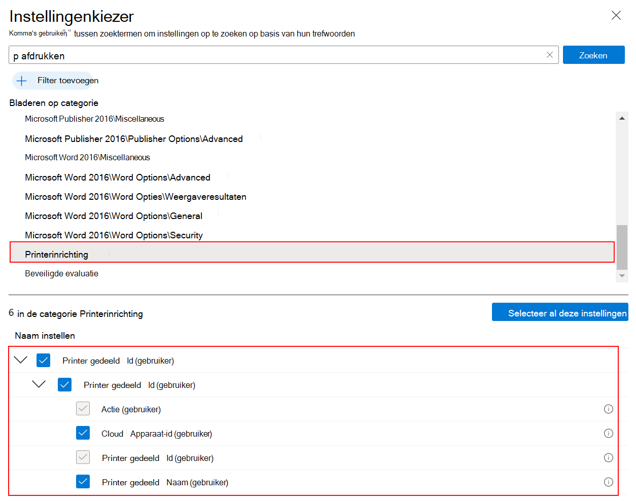 Schermopname die laat zien hoe u printerinrichting selecteert in de instellingencatalogus om een Universal Print-beleid te maken in Microsoft Intune en Intune beheercentrum.
