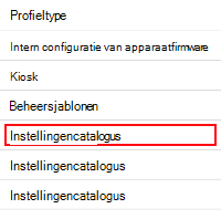 Schermopname van het openen van de instellingencatalogus in Microsoft Intune en Intune beheercentrum.