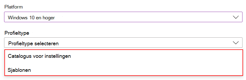 Schermopname van wanneer u een Windows- of macOS-beleid maakt, selecteert u de instellingencatalogus of sjablonen in Microsoft Intune en Intune beheercentrum.