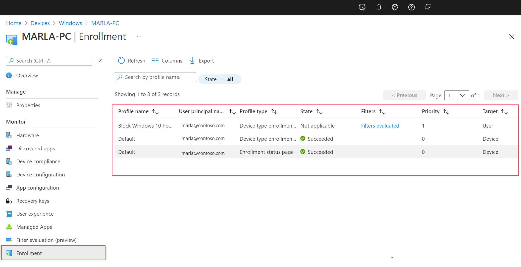 Voorbeeldafbeelding van de pagina Apparaatinschrijving, met een tabel met inschrijvingsprofielen.