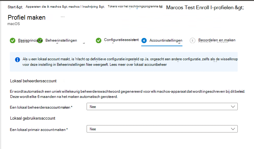 Schermafbeelding van de standaardweergave van het deelvenster Automatische apparaatinschrijvingsprofielen Accountinstelling.