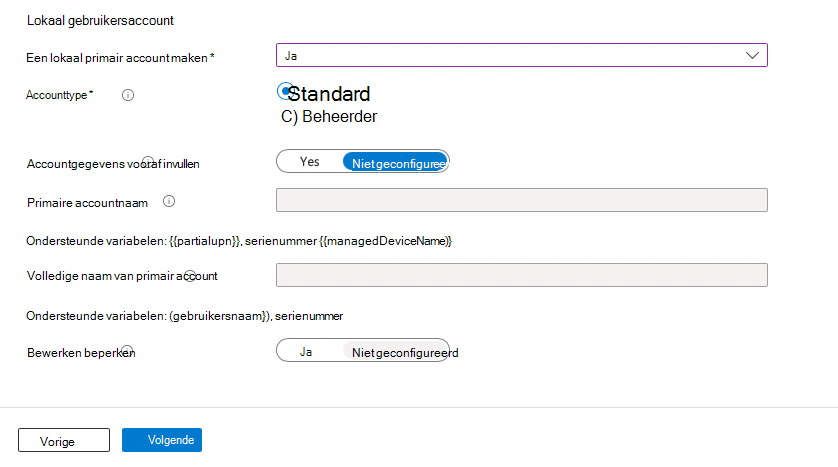 Schermopname met de beschikbare opties voor een niet-beheerdersaccount.