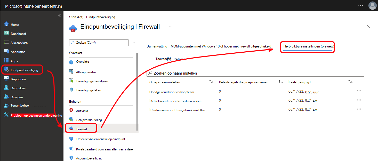 Schermafbeelding van het tabblad herbruikbare instellingen voor firewallbeleid in het Microsoft Intune-beheercentrum.