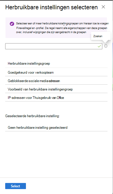 Schermafbeelding met het deelvenster Herbruikbare instellingen selecteren.