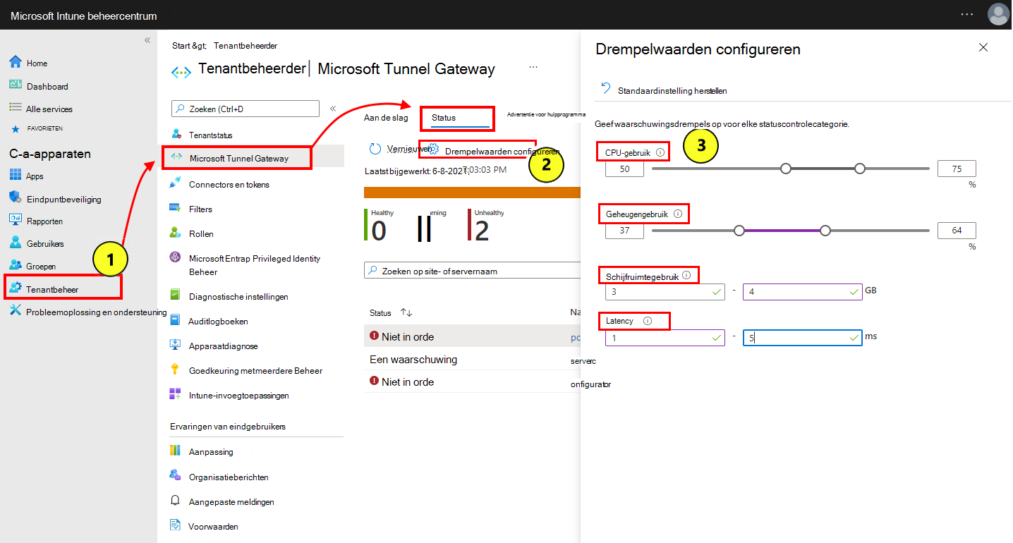 Schermafbeelding van het selecteren en configureren van statusdrempelwaarden.