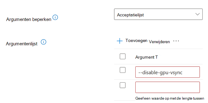 Schermafbeelding van de gebruikersinterface voor het configureren van opdrachtregelargumenten.