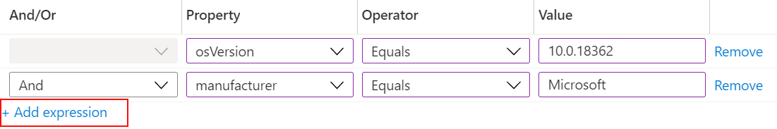 Schermopname waarin wordt weergegeven hoe u de opbouwfunctie voor regels in Microsoft Intune gebruikt om een filter voor expressietoewijzing te maken en toe te wijzen aan uw beleid.