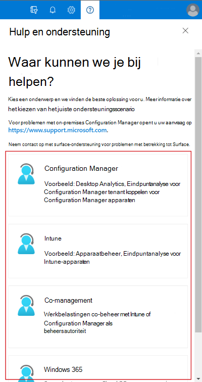 Schermopname van de beschikbare help- en ondersteuningsservices in uw abonnement in het Microsoft Intune-beheercentrum.