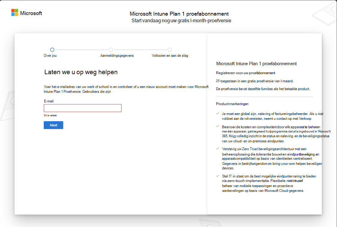 Schermafbeelding van de webpagina voor aanmelding van een proefaccount bij Microsoft Intune.